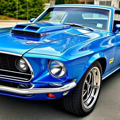 Ford Mustang 1969 restaurado em azul vibrante com detalhes cromados brilhantes